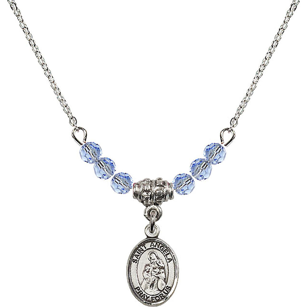 Sterling Silver Saint Angela Merici Birthstone Necklace with Light Sapphire Beads - 9284