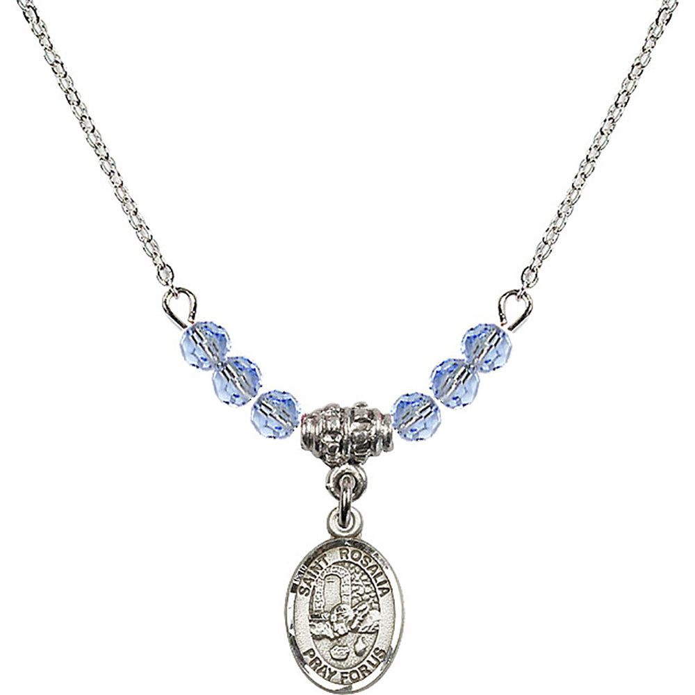 Sterling Silver Saint Rosalia Birthstone Necklace with Light Sapphire Beads - 9309