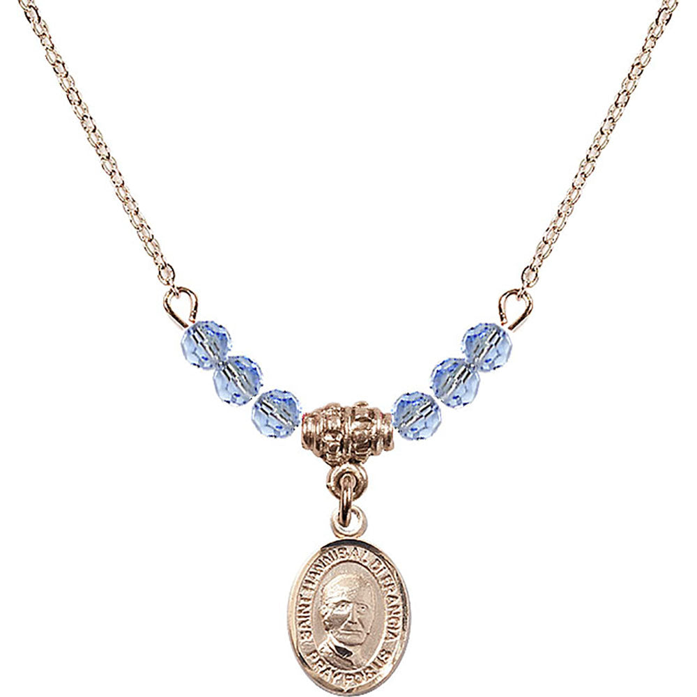 14kt Gold Filled Saint Hannibal Birthstone Necklace with Light Sapphire Beads - 9327