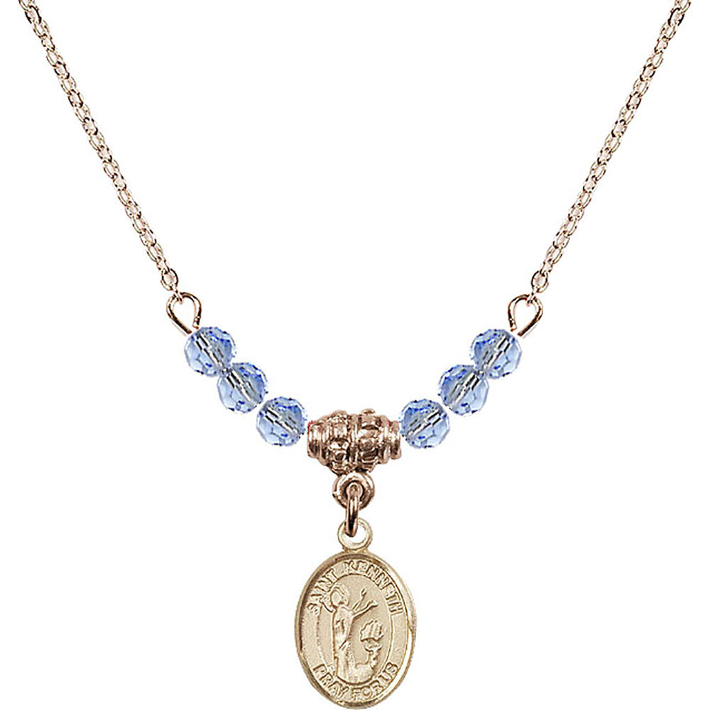14kt Gold Filled Saint Kenneth Birthstone Necklace with Light Sapphire Beads - 9332