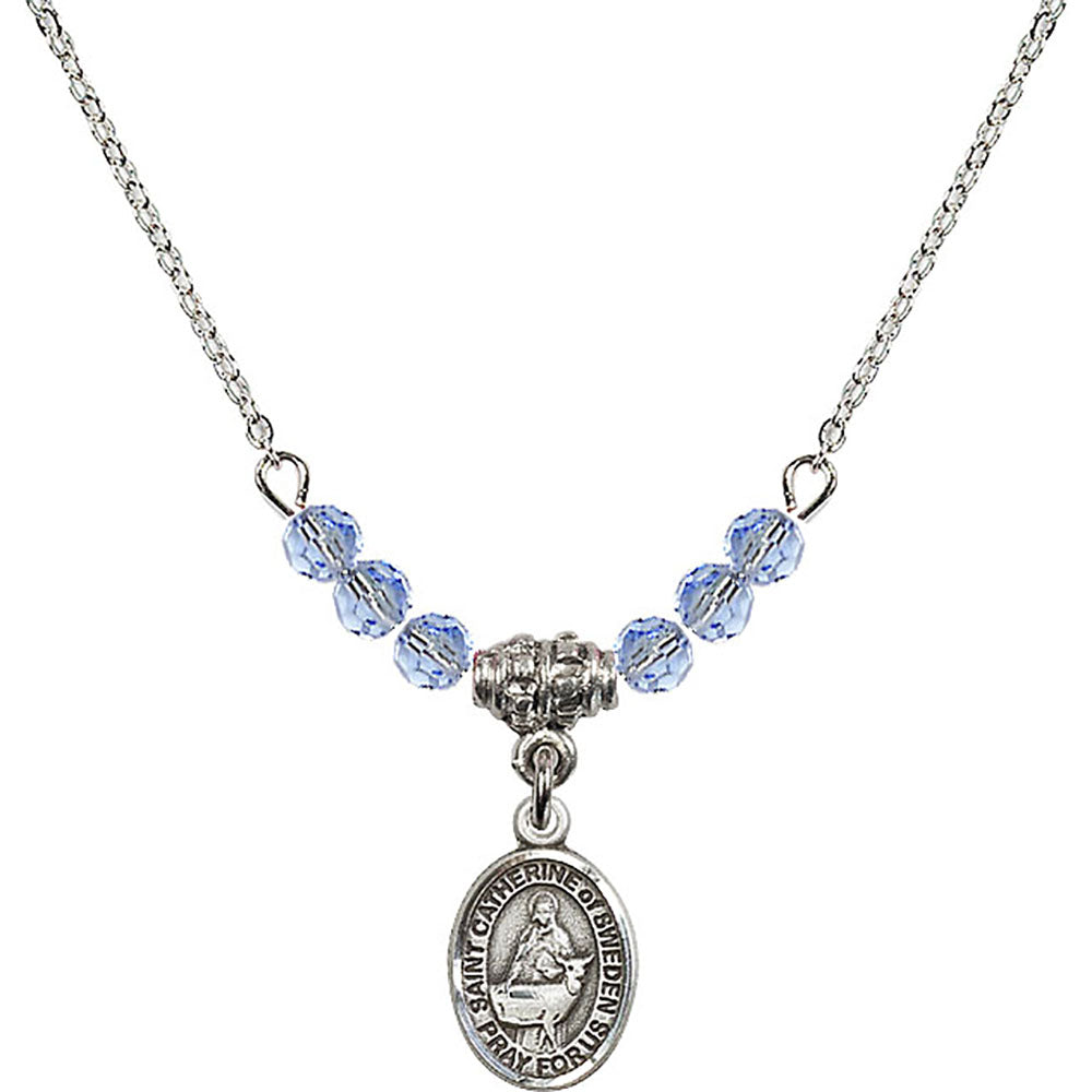 Sterling Silver Saint Catherine of Sweden Birthstone Necklace with Light Sapphire Beads - 9336