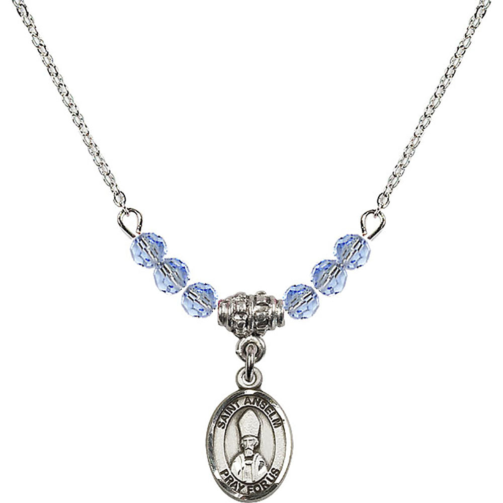 Sterling Silver Saint Anselm of Canterbury Birthstone Necklace with Light Sapphire Beads - 9342