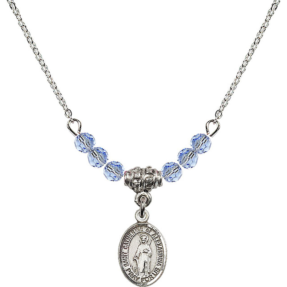 Sterling Silver Saint Catherine of Alexandria Birthstone Necklace with Light Sapphire Beads - 9343