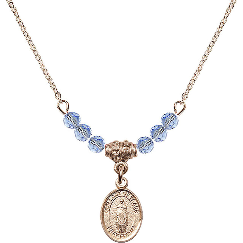 14kt Gold Filled Our Lady of Tears Birthstone Necklace with Light Sapphire Beads - 9346