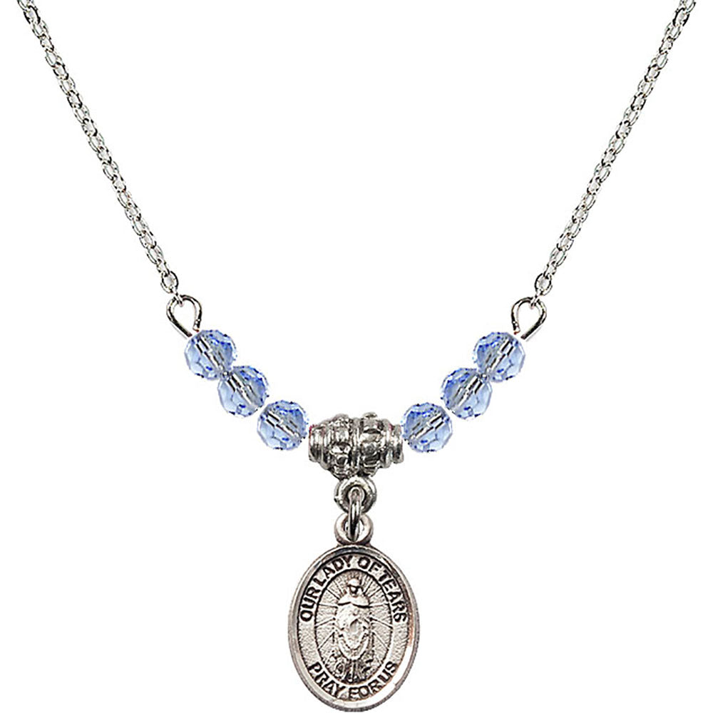 Sterling Silver Our Lady of Tears Birthstone Necklace with Light Sapphire Beads - 9346