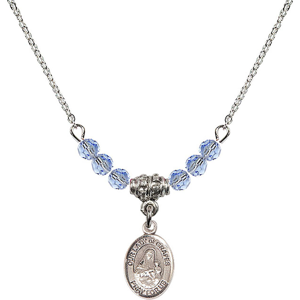 Sterling Silver Our Lady of Grapes Birthstone Necklace with Light Sapphire Beads - 9347