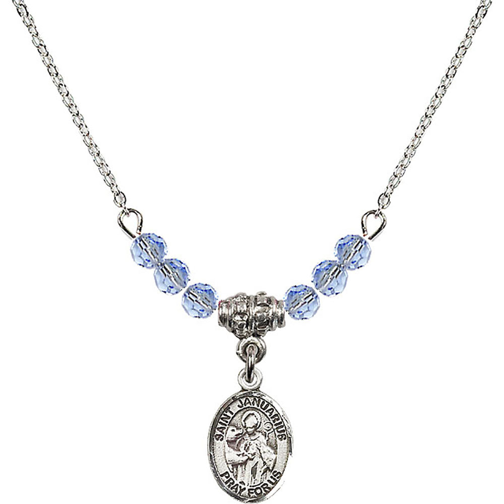Sterling Silver Saint Januarius Birthstone Necklace with Light Sapphire Beads - 9351