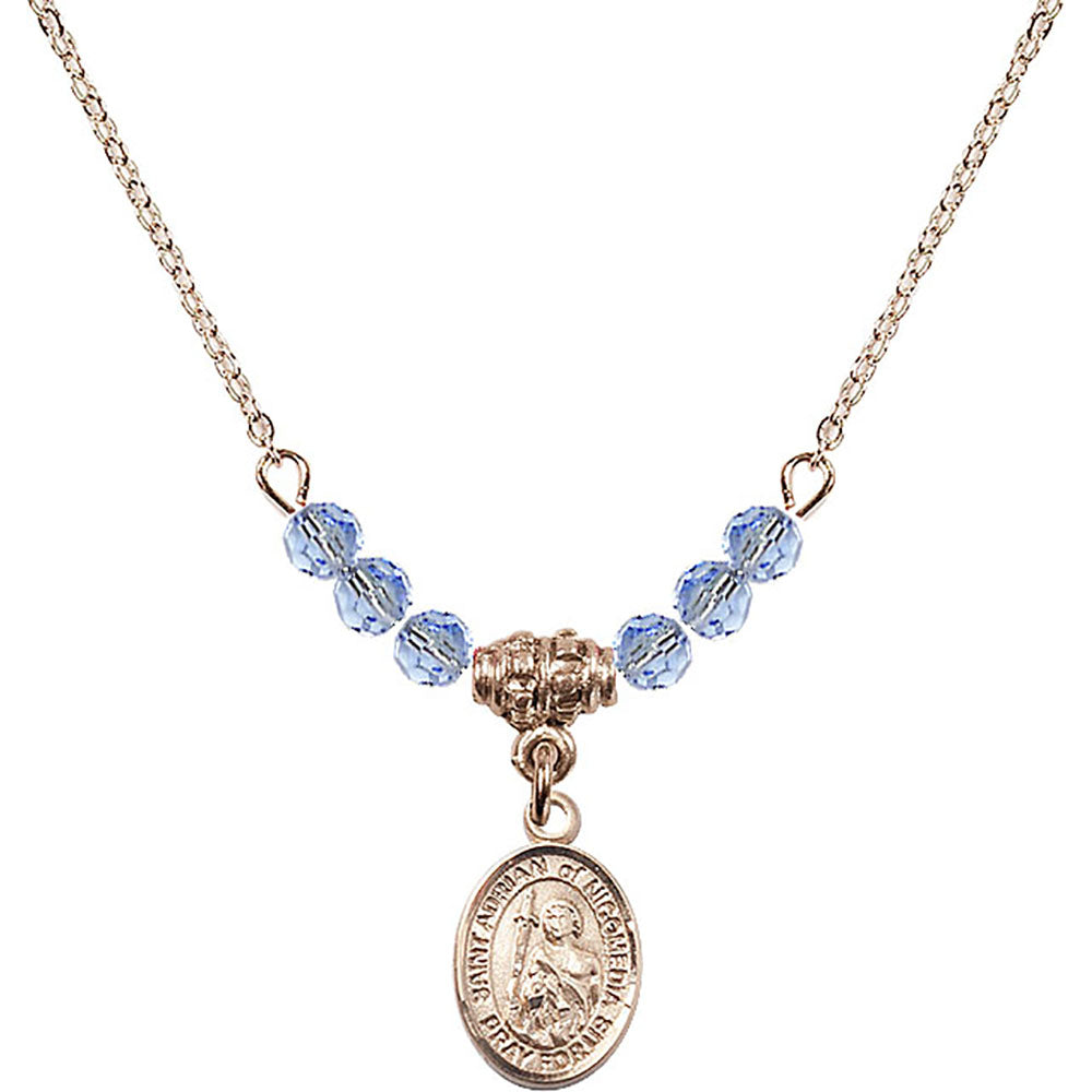 14kt Gold Filled Saint Adrian of Nicomedia Birthstone Necklace with Light Sapphire Beads - 9353