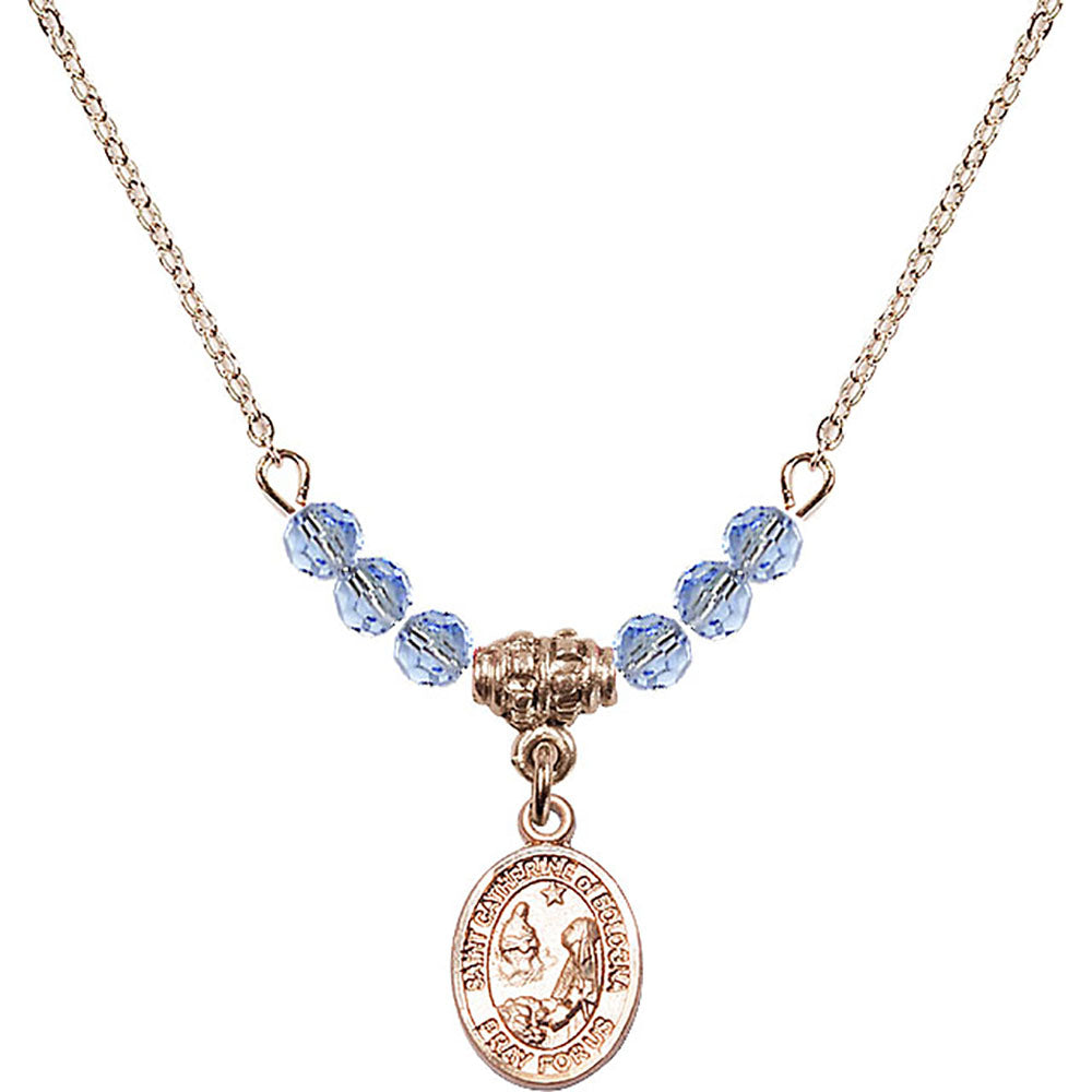 14kt Gold Filled Saint Catherine of Bologna Birthstone Necklace with Light Sapphire Beads - 9354