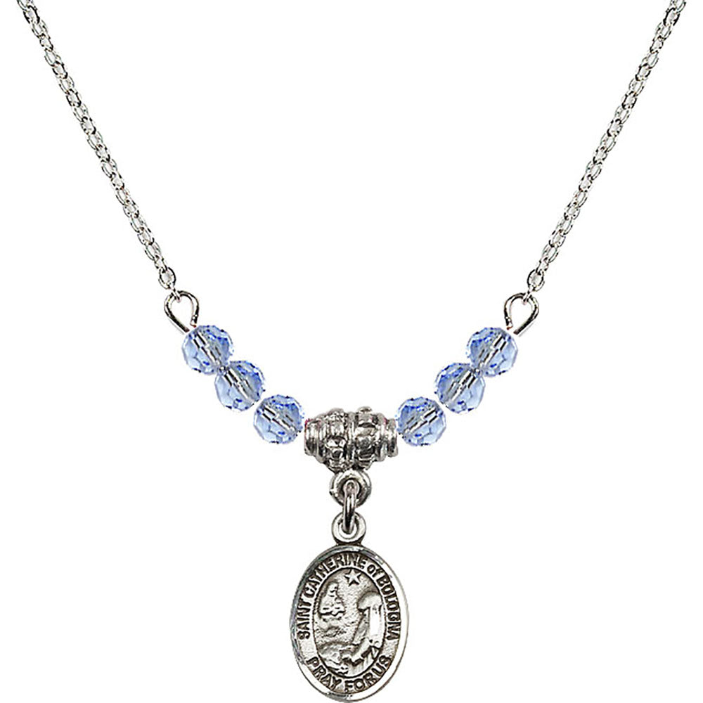 Sterling Silver Saint Catherine of Bologna Birthstone Necklace with Light Sapphire Beads - 9354