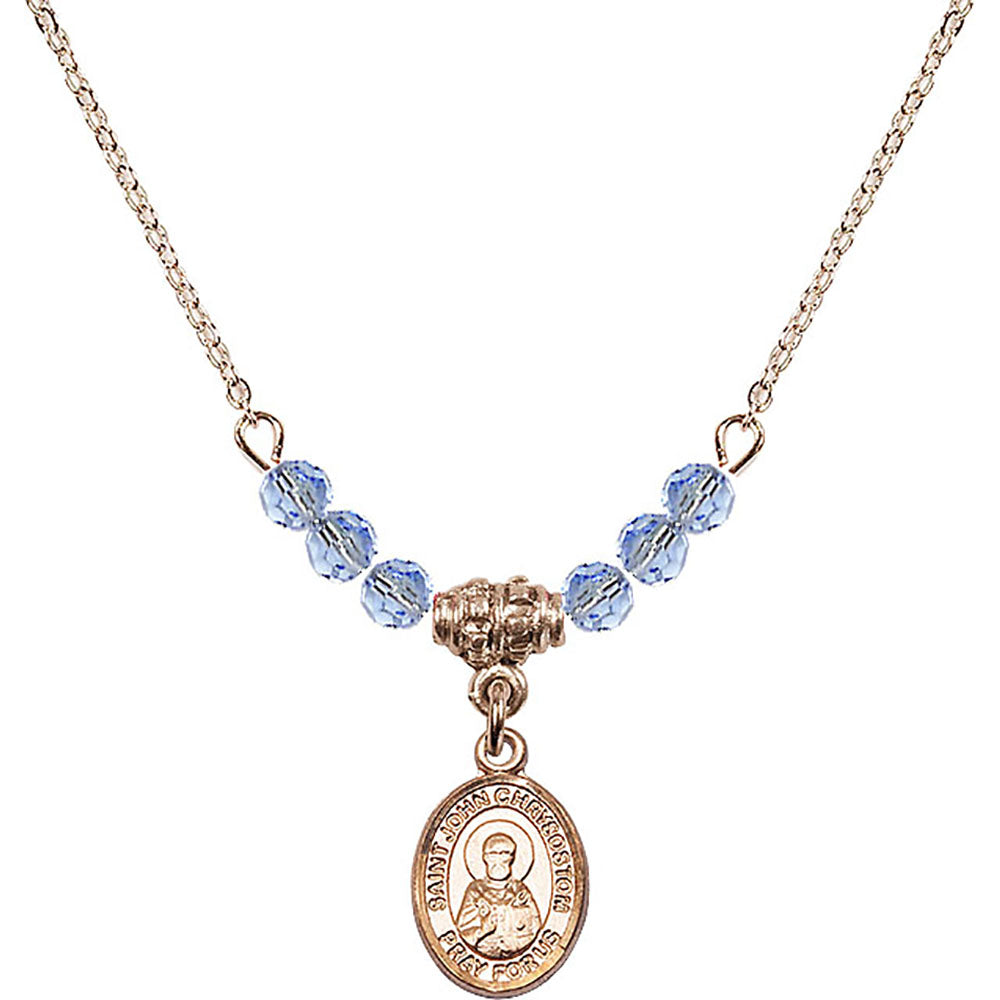 14kt Gold Filled Saint John Chrysostom Birthstone Necklace with Light Sapphire Beads - 9357