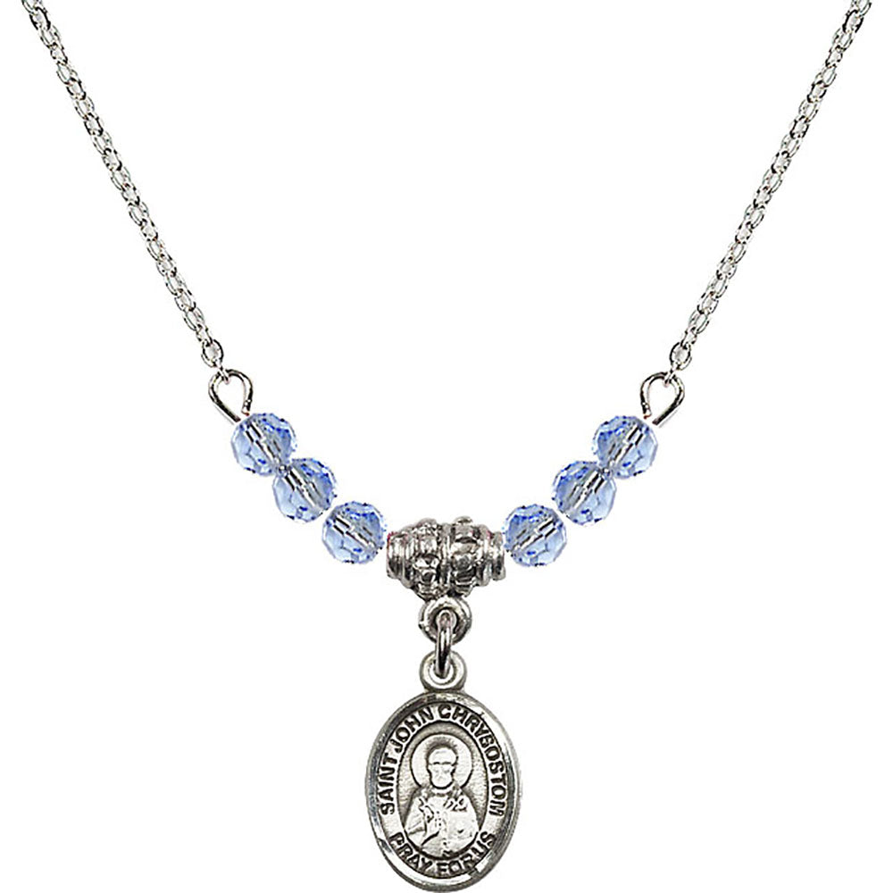 Sterling Silver Saint John Chrysostom Birthstone Necklace with Light Sapphire Beads - 9357