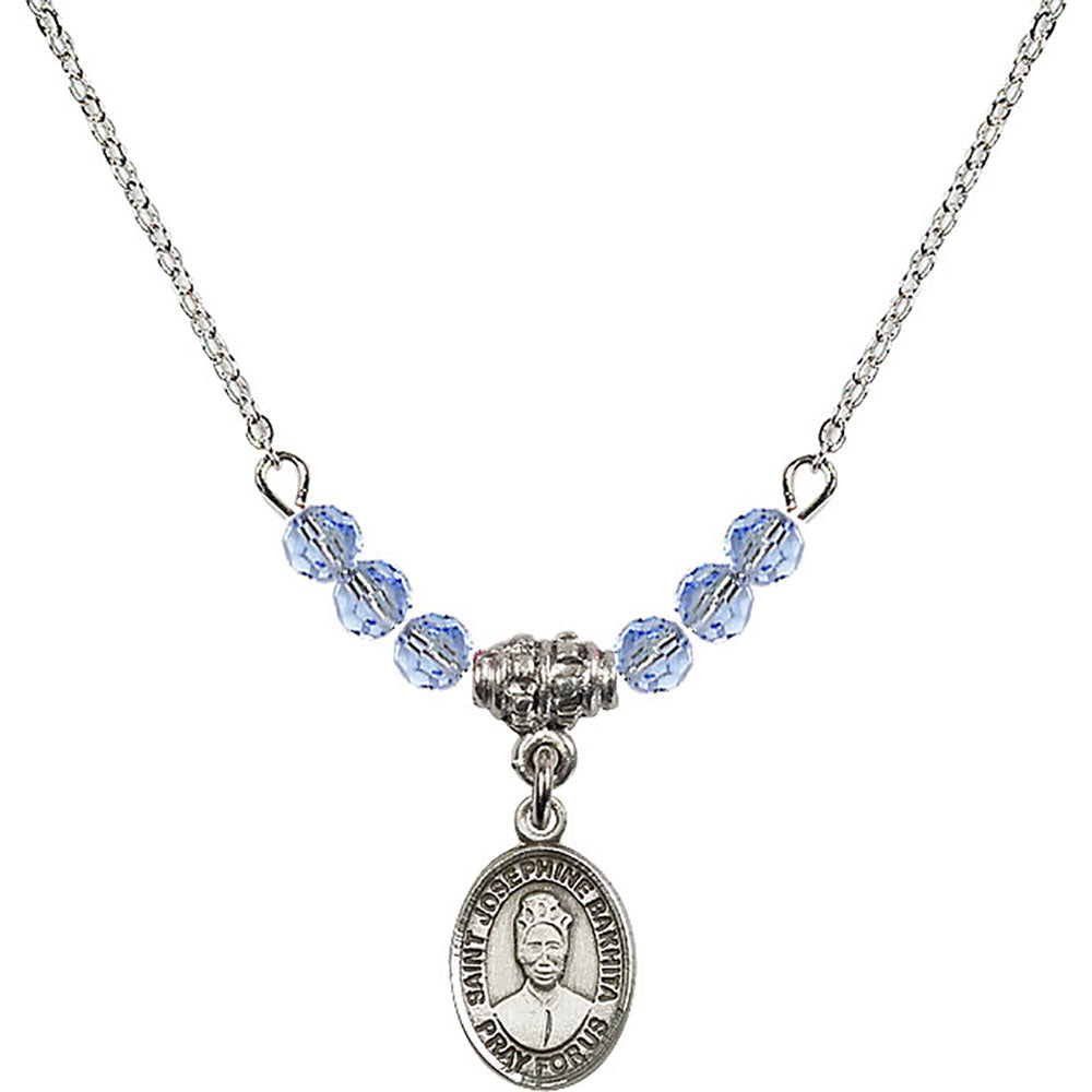 Sterling Silver Saint Josephine Bakhita Birthstone Necklace with Light Sapphire Beads - 9360