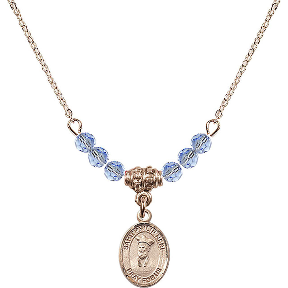 14kt Gold Filled Saint Philip Neri Birthstone Necklace with Light Sapphire Beads - 9369