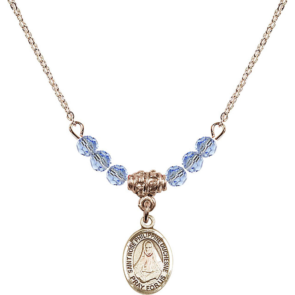14kt Gold Filled Saint Rose Philippine Duchesne Birthstone Necklace with Light Sapphire Beads - 9371
