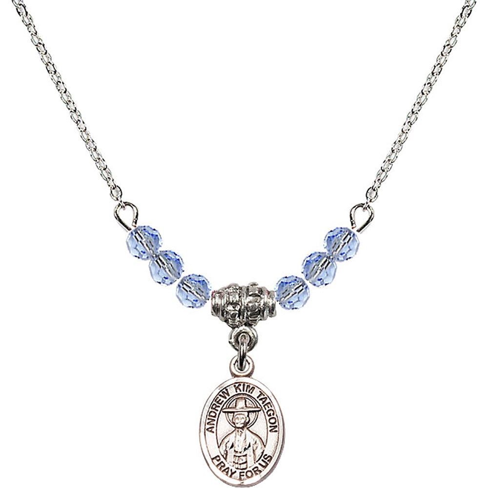 Sterling Silver Saint Andrew Kim Taegon Birthstone Necklace with Light Sapphire Beads - 9373