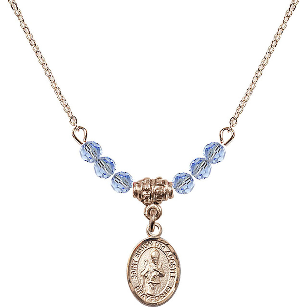 14kt Gold Filled Saint Simon the Apostle Birthstone Necklace with Light Sapphire Beads - 9375