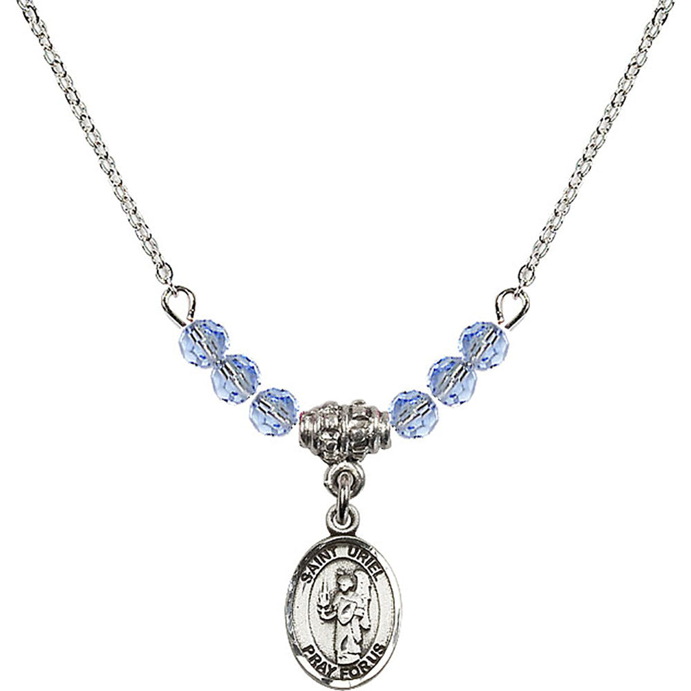 Sterling Silver Saint Uriel the Archangel Birthstone Necklace with Light Sapphire Beads - 9378