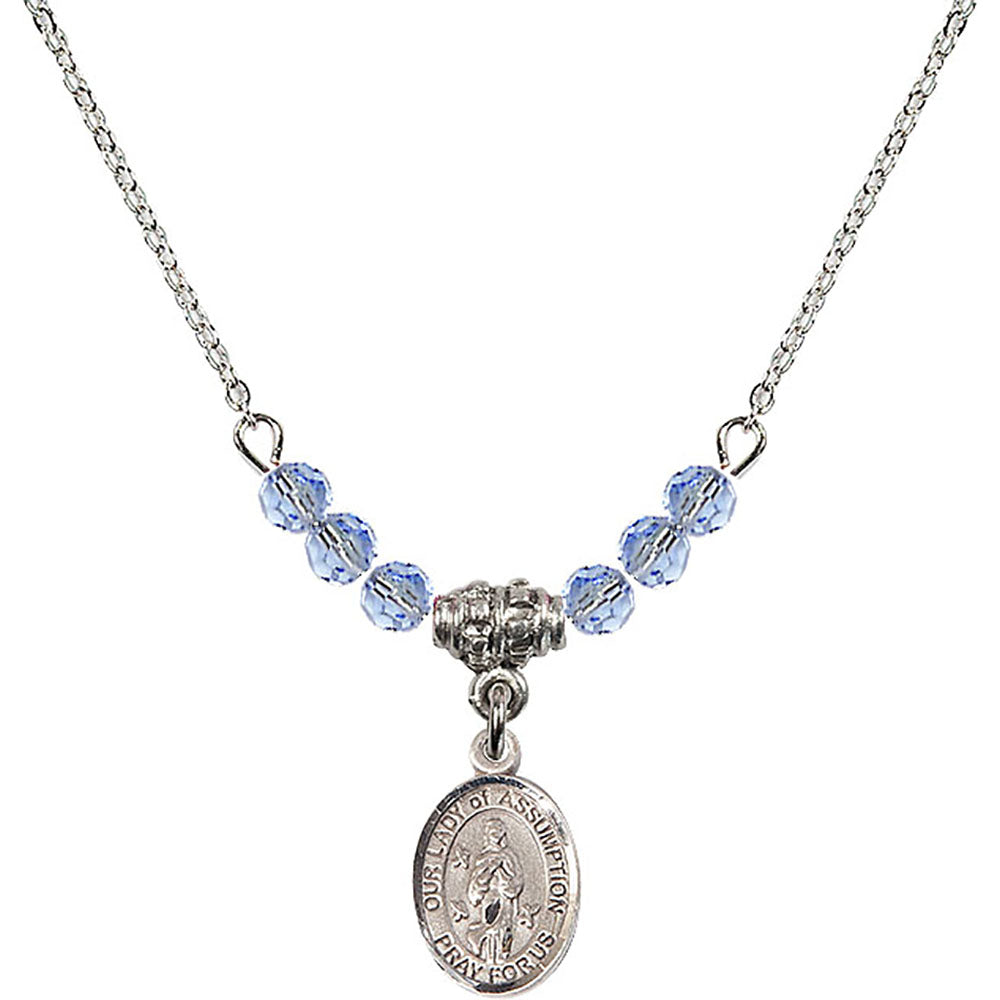Sterling Silver Our Lady of Assumption Birthstone Necklace with Light Sapphire Beads - 9388
