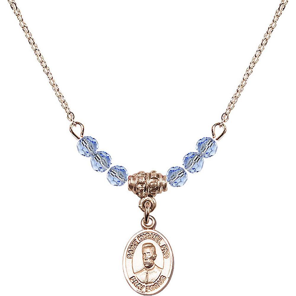 14kt Gold Filled Blessed Miguel Pro Birthstone Necklace with Light Sapphire Beads - 9389