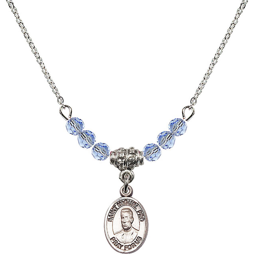 Sterling Silver Blessed Miguel Pro Birthstone Necklace with Light Sapphire Beads - 9389