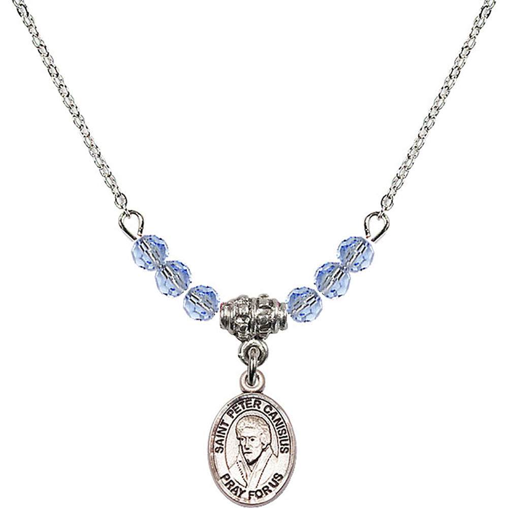 Sterling Silver Saint Peter Canisius Birthstone Necklace with Light Sapphire Beads - 9393