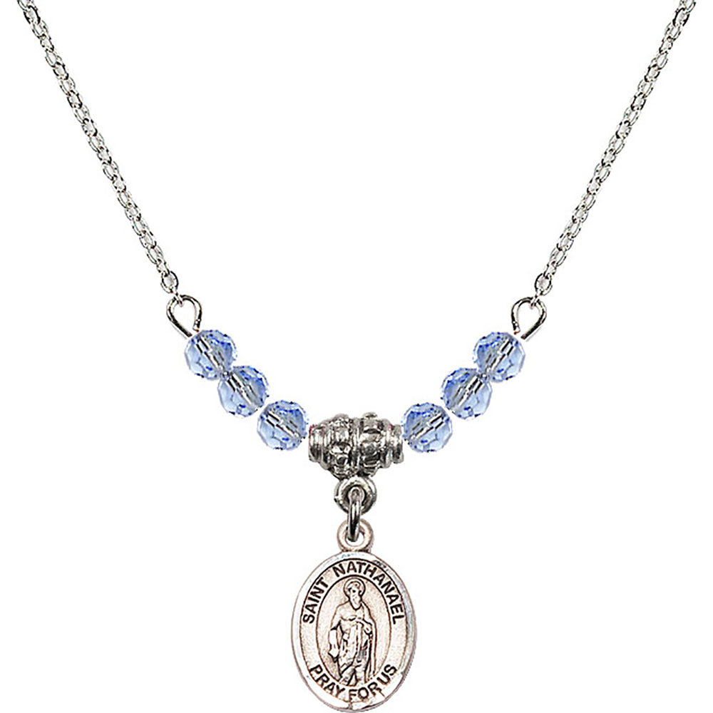 Sterling Silver Saint Nathanael Birthstone Necklace with Light Sapphire Beads - 9398