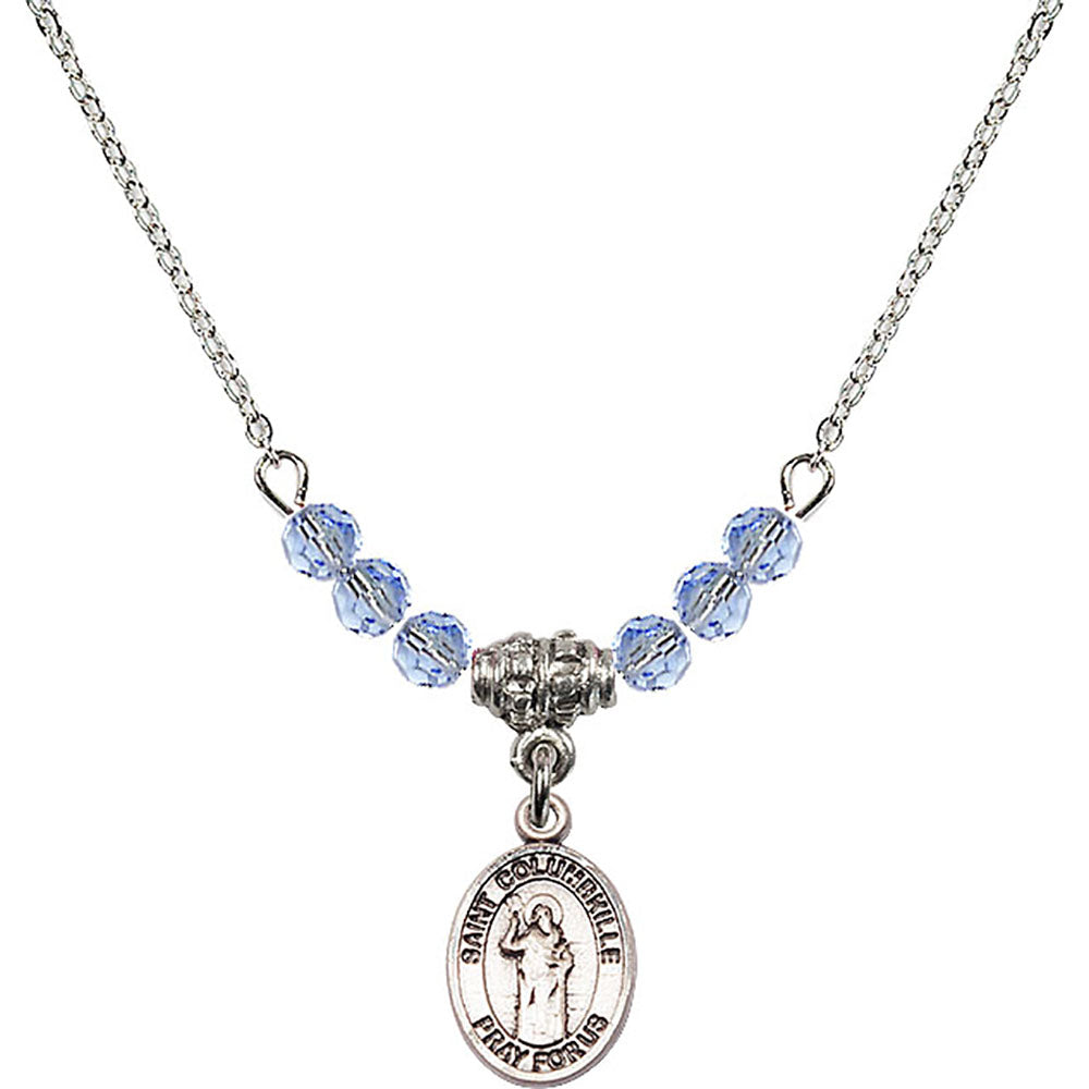 Sterling Silver Saint Columbkille Birthstone Necklace with Light Sapphire Beads - 9399