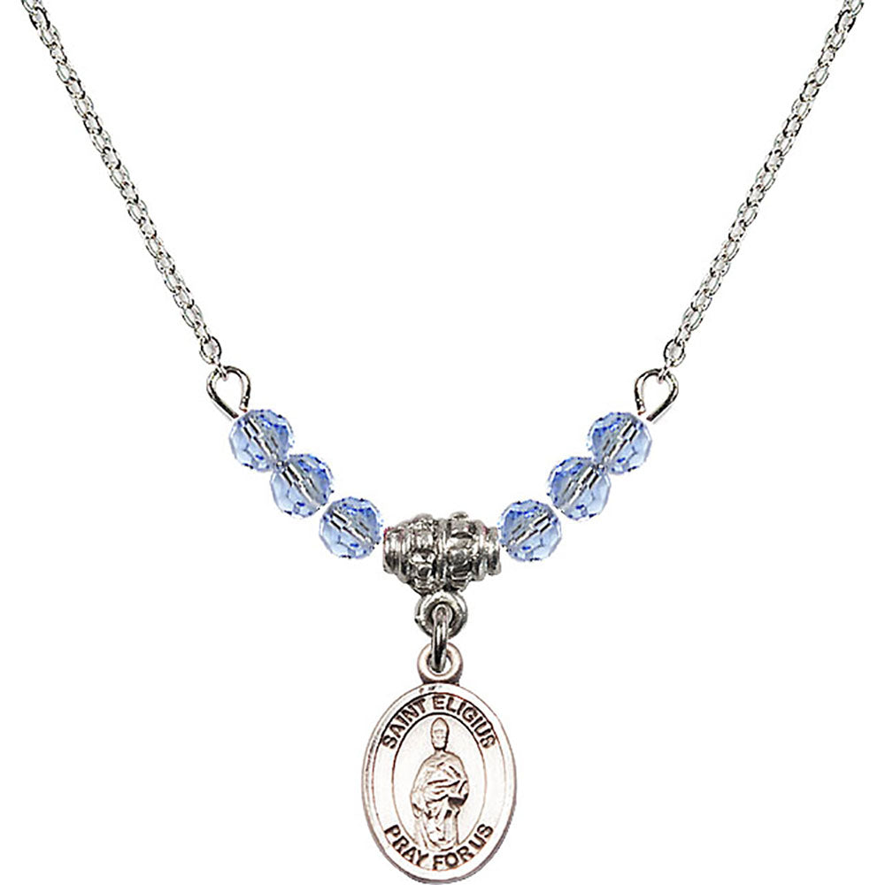 Sterling Silver Saint Eligius Birthstone Necklace with Light Sapphire Beads - 9402