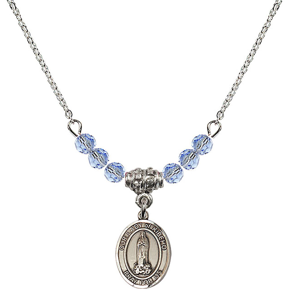 Sterling Silver Our Lady of Kibeho Birthstone Necklace with Light Sapphire Beads - 9414