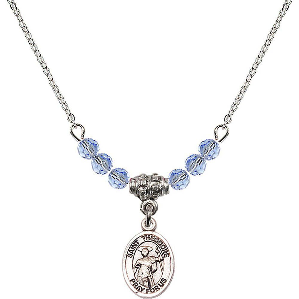 Sterling Silver Saint Theodore Stratelates Birthstone Necklace with Light Sapphire Beads - 9415