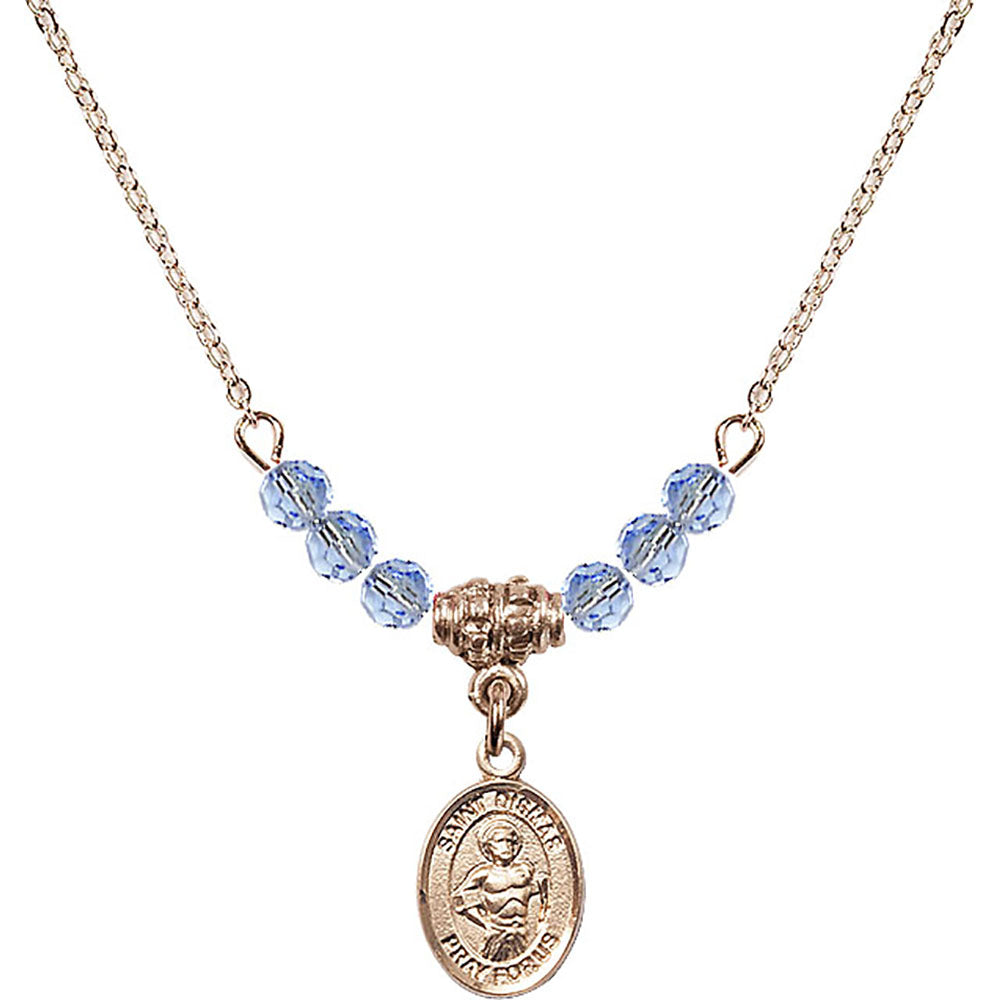 14kt Gold Filled Saint Dismas Birthstone Necklace with Light Sapphire Beads - 9418