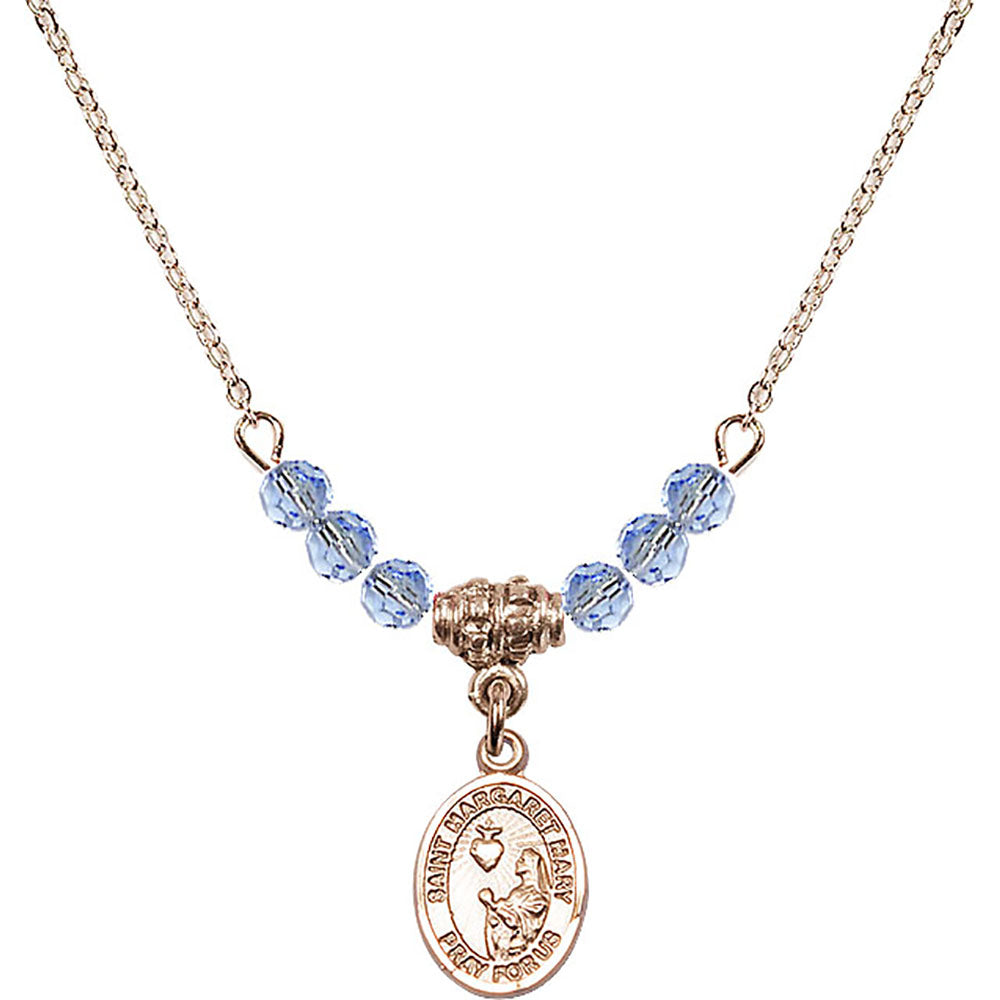 14kt Gold Filled Saint Margaret Mary Alacoque Birthstone Necklace with Light Sapphire Beads - 9420