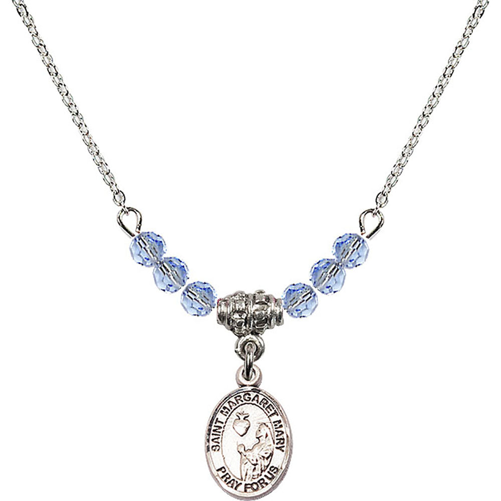Sterling Silver Saint Margaret Mary Alacoque Birthstone Necklace with Light Sapphire Beads - 9420