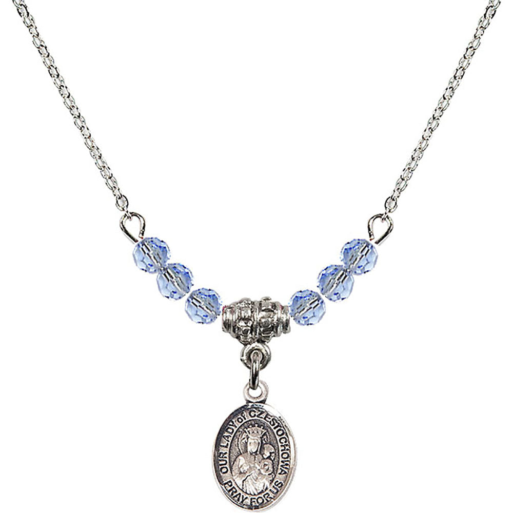 Sterling Silver Our Lady of Czestochowa Birthstone Necklace with Light Sapphire Beads - 9421