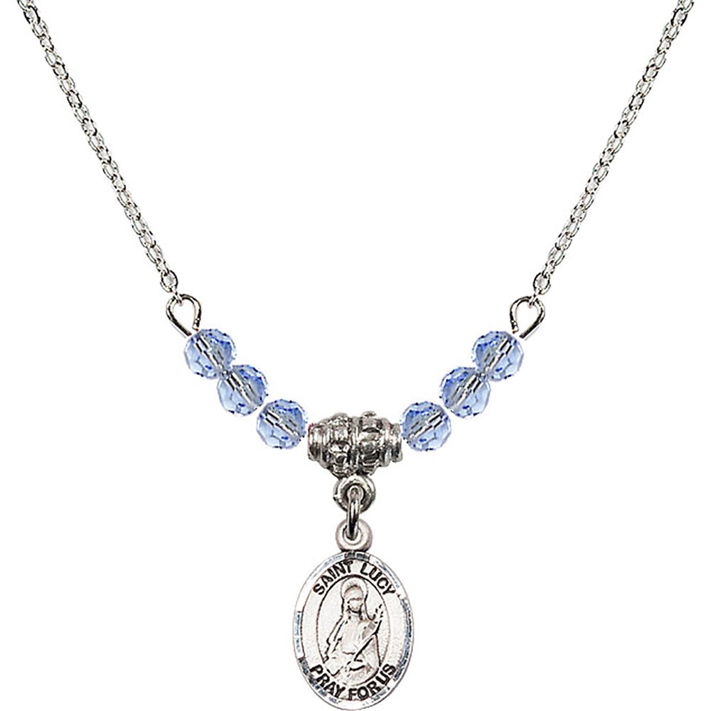 Sterling Silver Saint Lucy Birthstone Necklace with Light Sapphire Beads - 9422