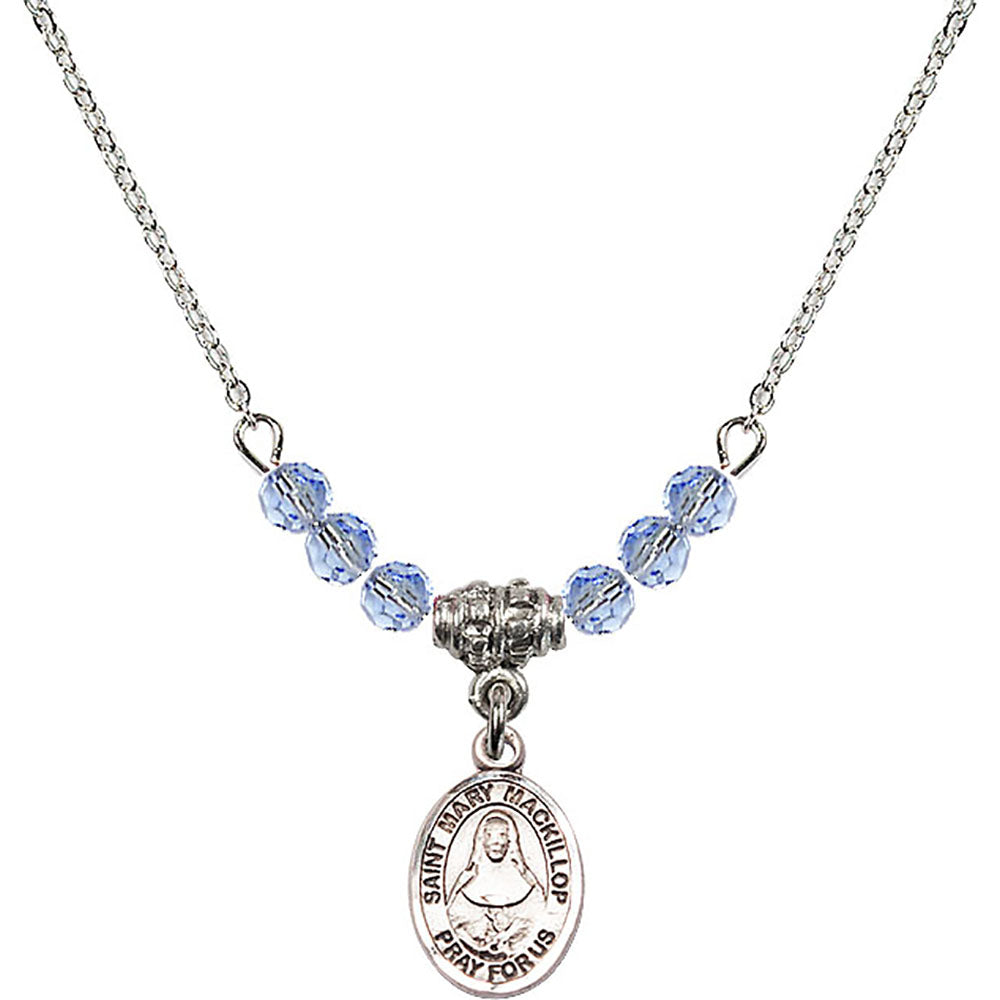 Sterling Silver Saint Mary Mackillop Birthstone Necklace with Light Sapphire Beads - 9425