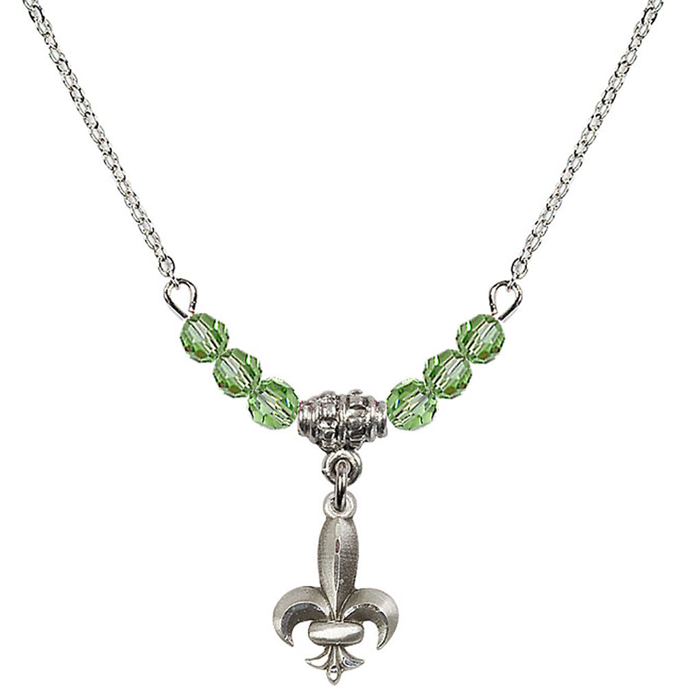 Sterling Silver Fleur de Lis Birthstone Necklace with Peridot Beads - 0293