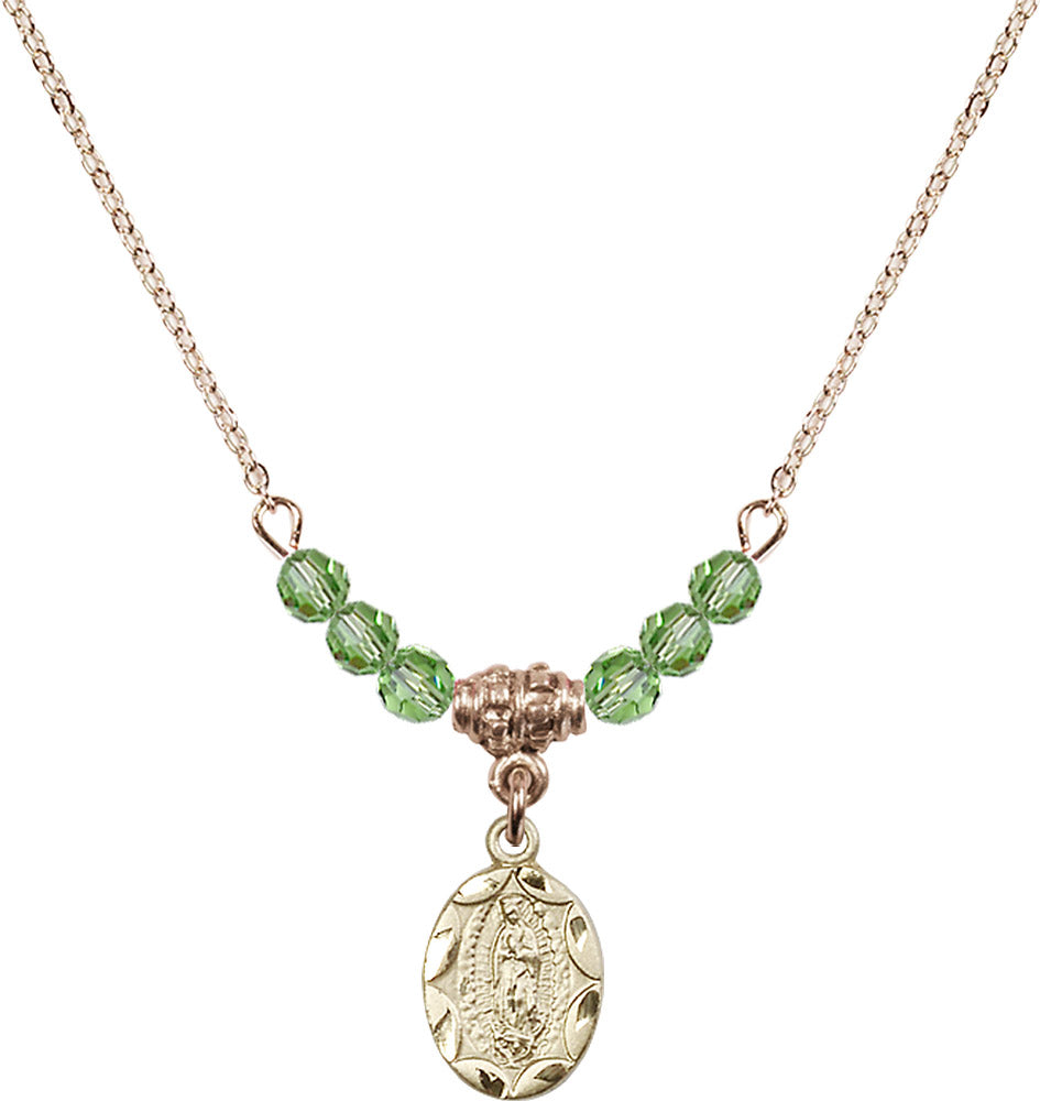 14kt Gold Filled Our Lady of Guadalupe Birthstone Necklace with Peridot Beads - 0301