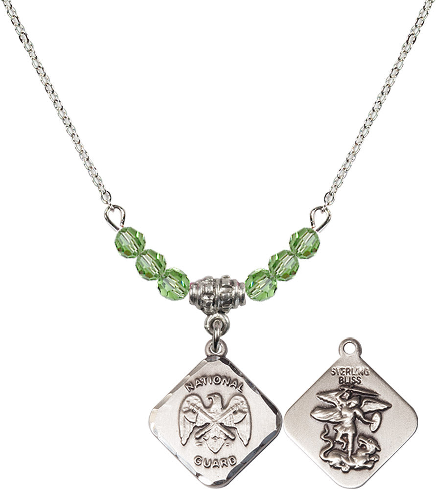 Sterling Silver Nat'l Guard Diamond Birthstone Necklace with Peridot Beads - 1180