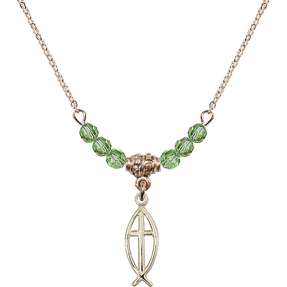 14kt Gold Filled Fish / Cross Birthstone Necklace with Peridot Beads - 4251