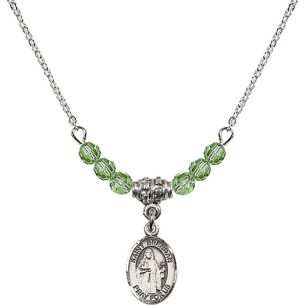 Sterling Silver Saint Brendan the Navigator Birthstone Necklace with Peridot Beads - 9018