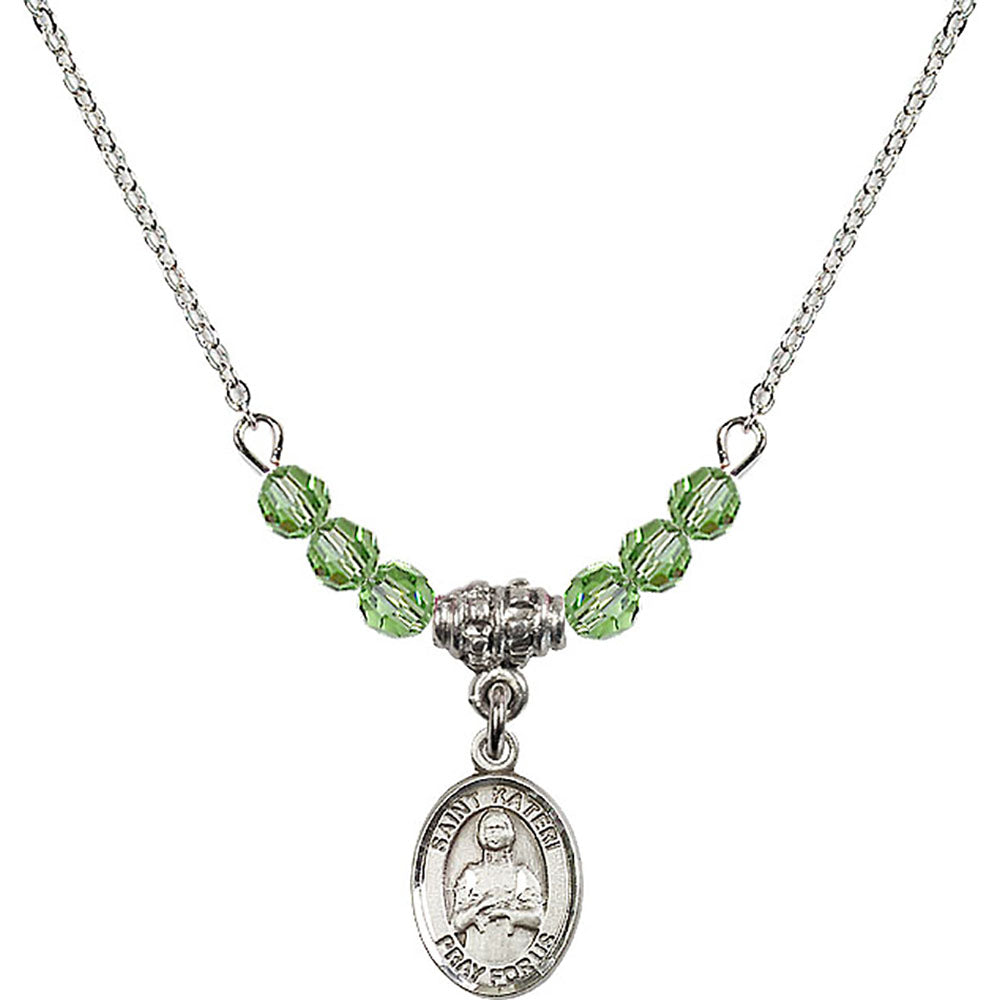 Sterling Silver Saint Kateri Tekakwitha Birthstone Necklace with Peridot Beads - 9061