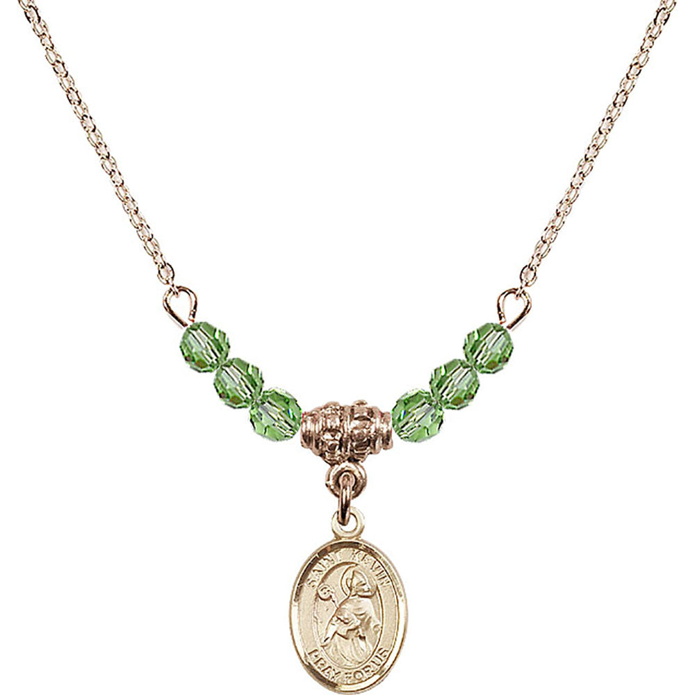 14kt Gold Filled Saint Kevin Birthstone Necklace with Peridot Beads - 9062