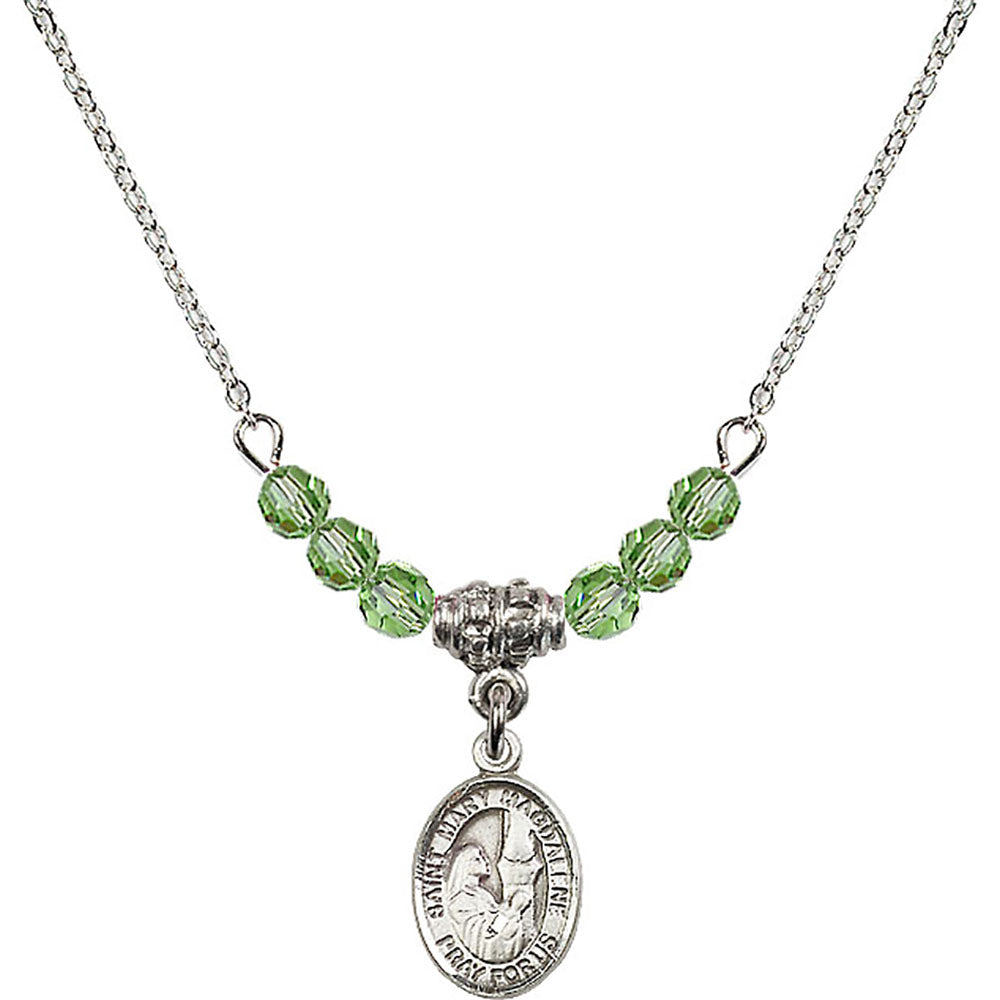Sterling Silver Saint Mary Magdalene Birthstone Necklace with Peridot Beads - 9071