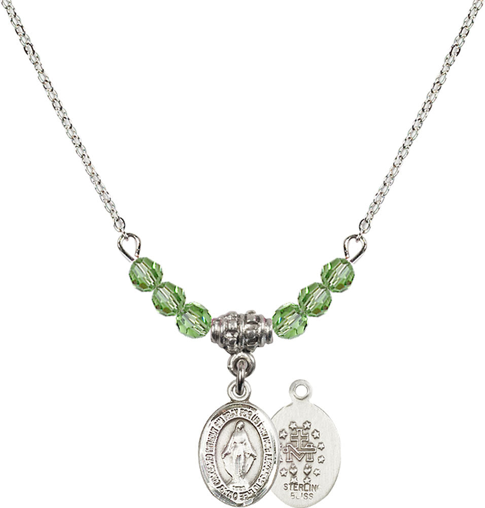 Sterling Silver Miraculous Birthstone Necklace with Peridot Beads - 9078