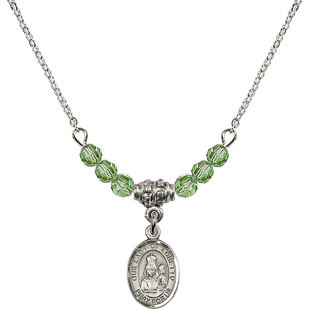 Sterling Silver Our Lady of Loretto Birthstone Necklace with Peridot Beads - 9082