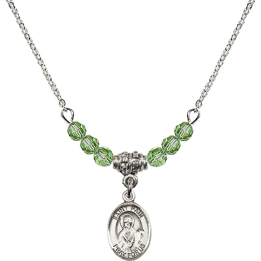 Sterling Silver Saint Paul the Apostle Birthstone Necklace with Peridot Beads - 9086