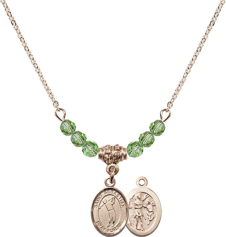 14kt Gold Filled Saint Sebastian/Golf Birthstone Necklace with Peridot Beads - 9162