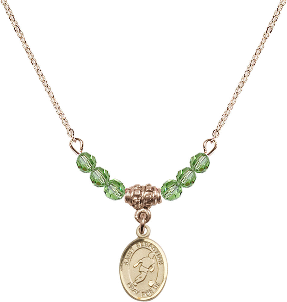 14kt Gold Filled Saint Sebastian/Soccer Birthstone Necklace with Peridot Beads - 9164
